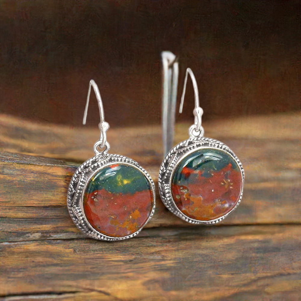 Semi Precious Blood Stone Gemstone Earrings In Fine 925 Sterling Silver 925SE2729