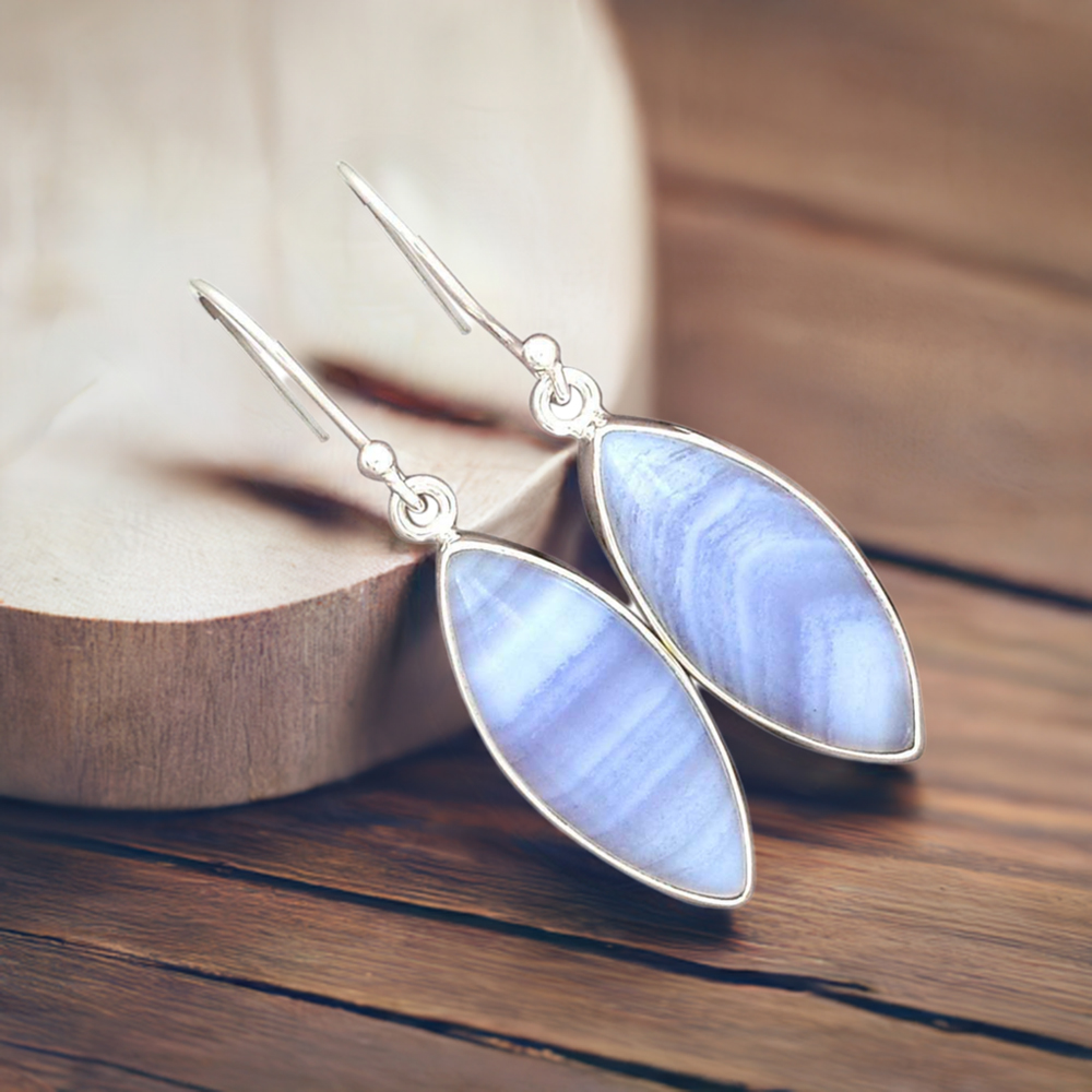 Genuine Blue Lace Agate Gemstone Earrings In Fine 925 Sterling Silver 925SE2730