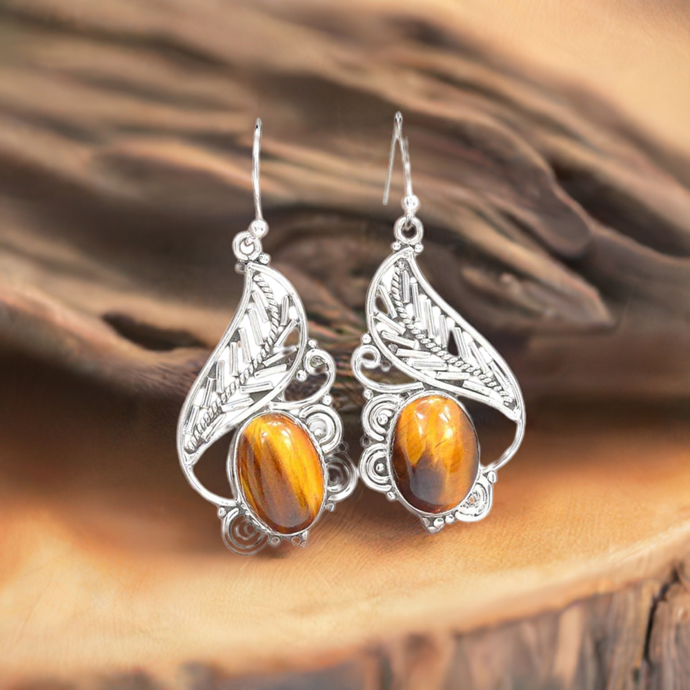 Genuine Tiger's Eye Gemstone Earrings In 925 Sterling Silver Jewelry 925SE2733