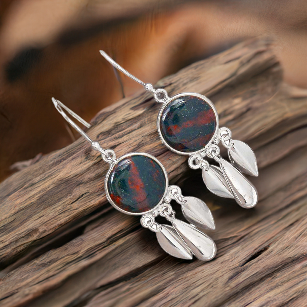 Genuine Blood Stone Gemstone Earrings In 925 Sterling Silver Jewelry 925SE2771
