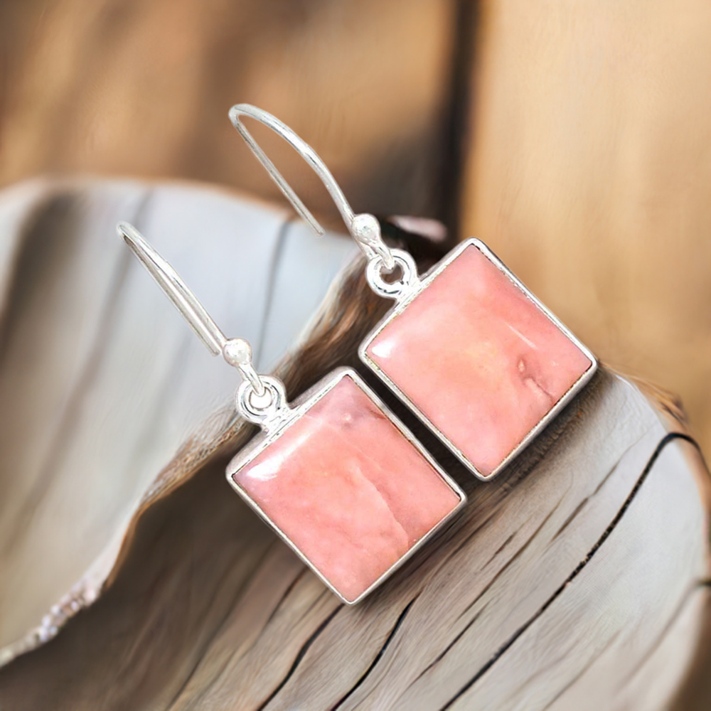 925 Sterling Silver Earrings In Genuine Pink Opal Gemstone 925SE2832