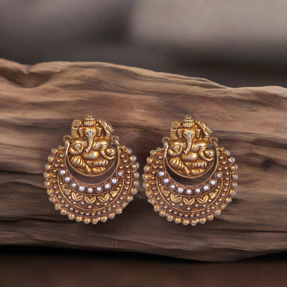 925 Sterling Silver Ganesh Design Earrings In Gold Plated 925SE288_0