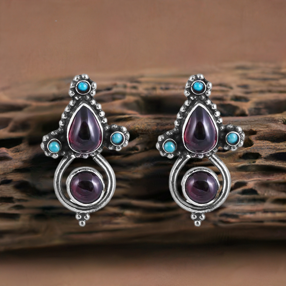 Garnet-Turquoise Gemstone Earring In Sterling Silver Jewelry 925SE29