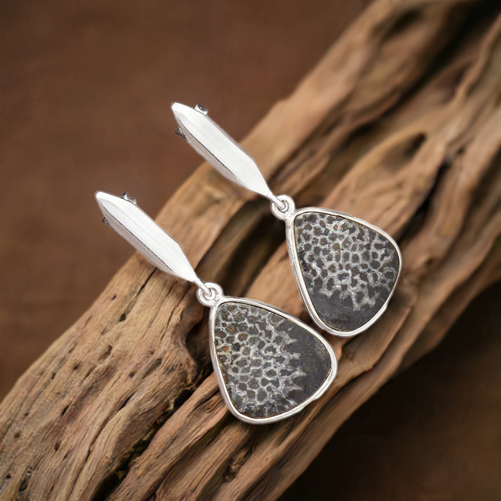 925 Sterling Silver Earrings In Natural dinosaur bone Gemstone 925SE2906