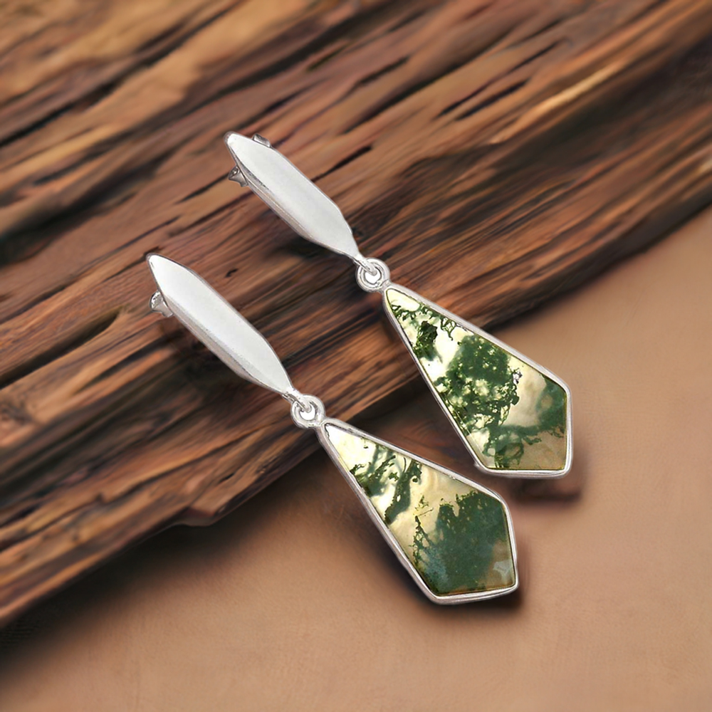 925 Sterling Silver Earrings In Genuine Moos Agate Gemstone 925SE2908
