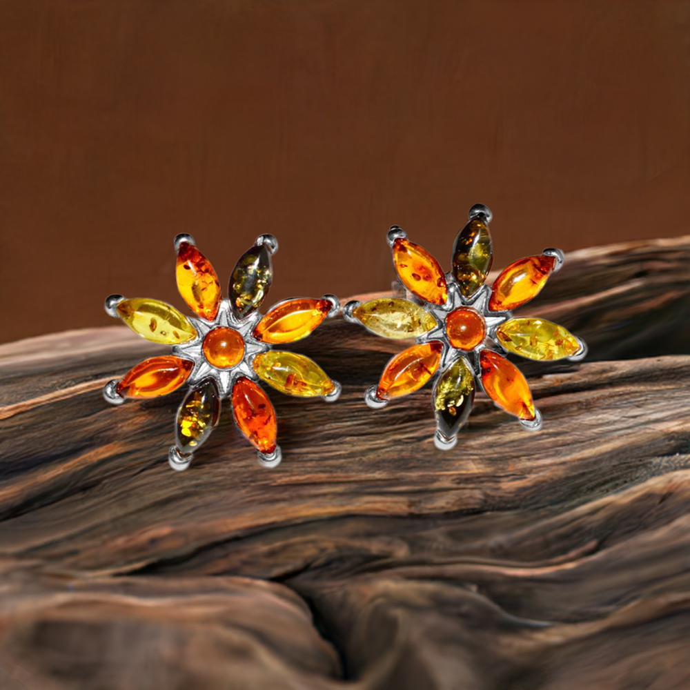 925 Sterling Silver Earrings In Semi Precious Amber Gemstone 925SE2910