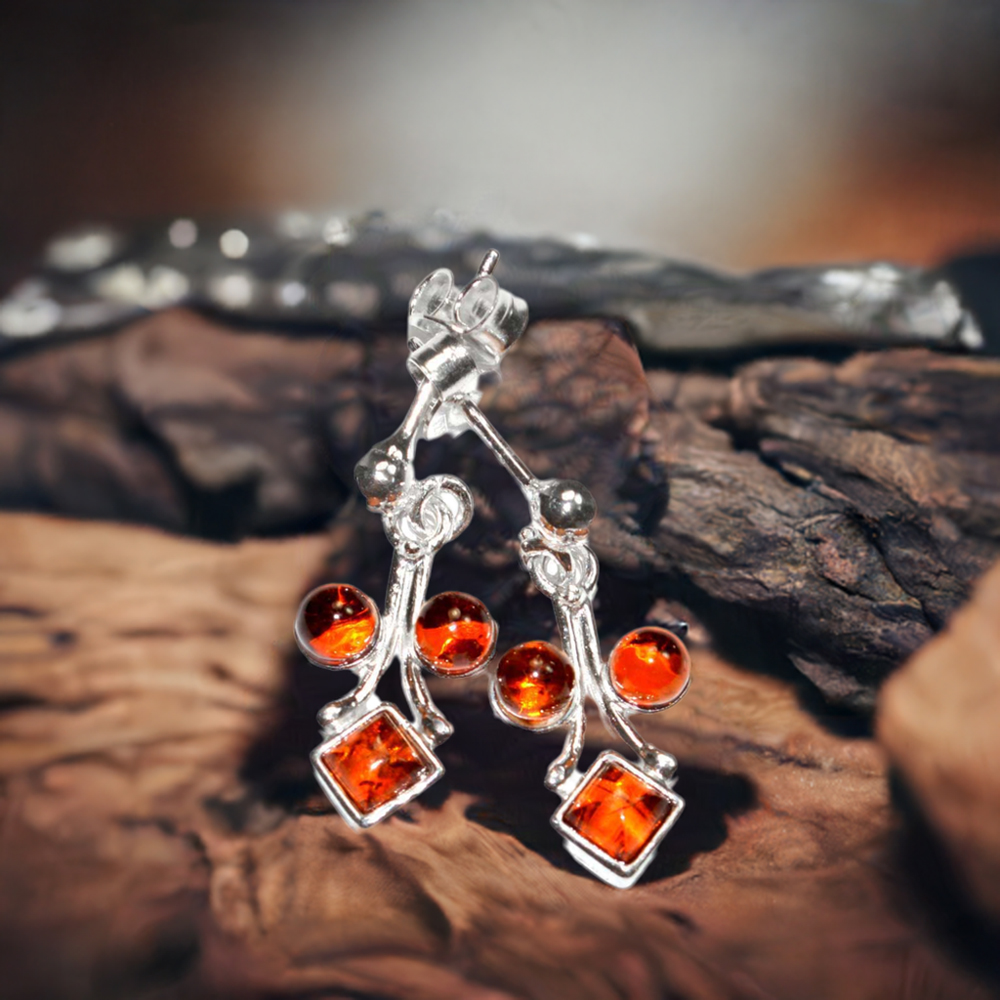 925 Sterling Silver Earrings In Genuine Amber Gemstone 925SE2911