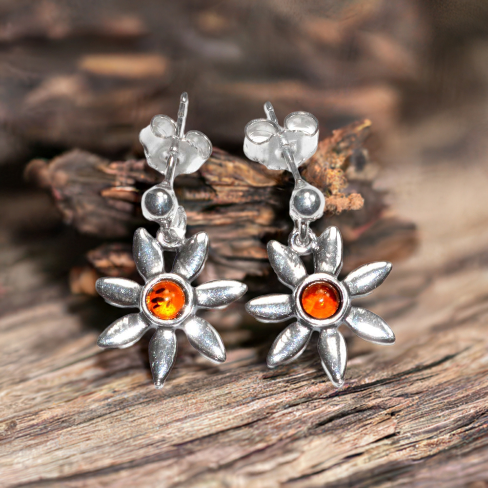 925 Sterling Silver Earrings In Semi Precious Amber Gemstone 925SE2913