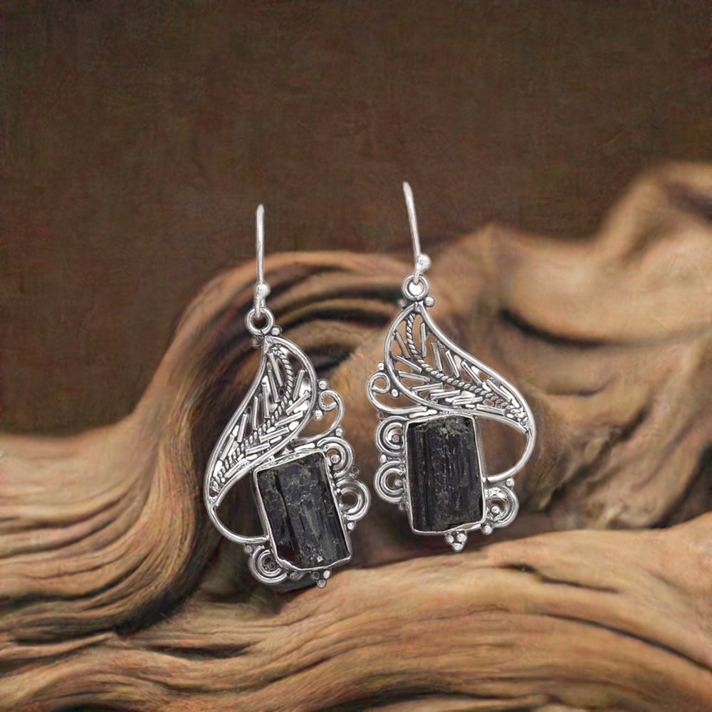 925 Sterling Silver Handmade Earrings In Black Tourmaline Gemstone Jewelry 925SE2937