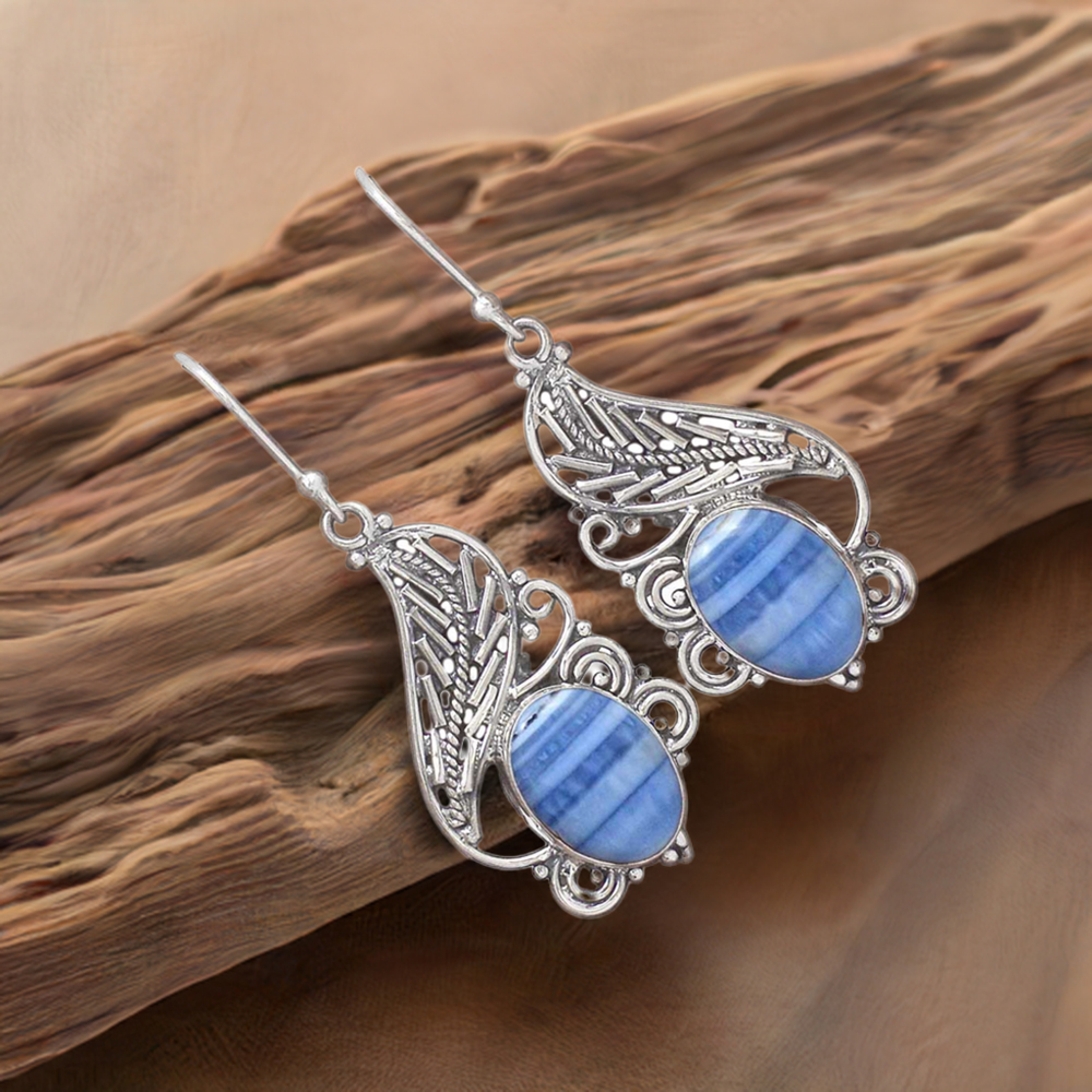 925 Sterling Silver Earrings In Blue Lace Agate Gemstone Jewelry 925SE2940