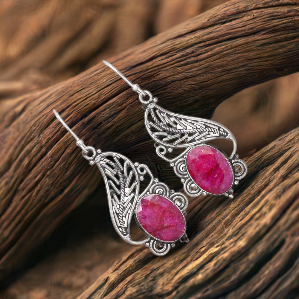 925 Sterling Silver Earrings In Dyed Ruby Gemstone Jewelry 925SE2941