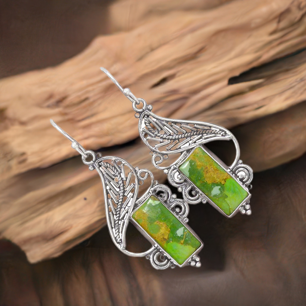925 Sterling Silver Handmade Earrings In Green Copper Turquoise Gemstone Jewelry 925SE2947
