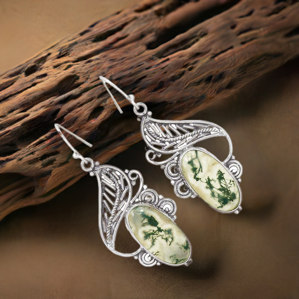 925 Sterling Silver Earrings In Moos Agate Gemstone Jewelry 925SE2952