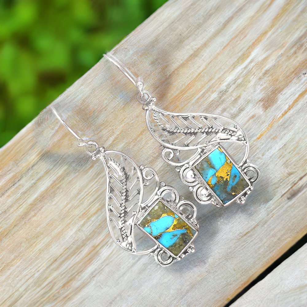 925 Sterling Silver Earrings In Natural Copper Turquoise Gemstone 925SE2964