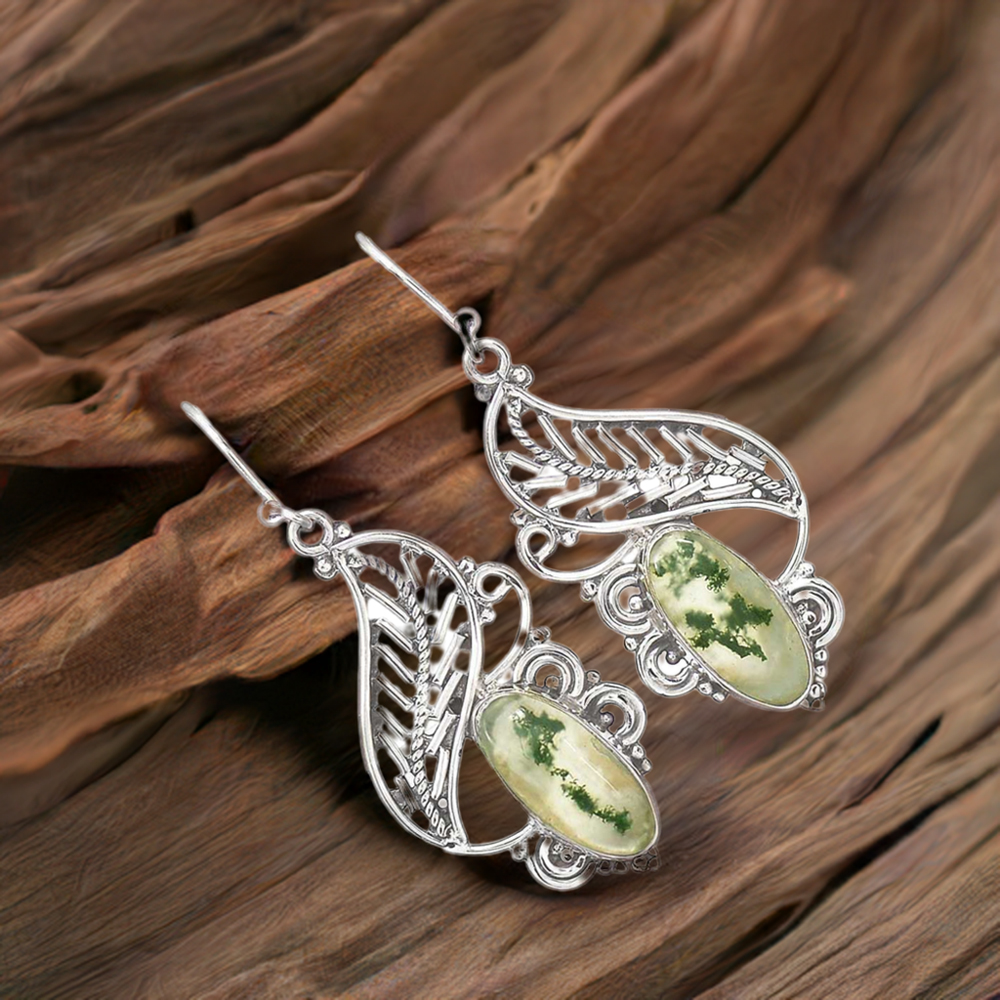 925 Sterling Silver Earrings In Genuine Moos Agate Gemstone 925SE2966