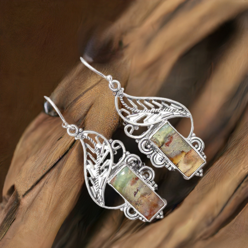 Solid 925 Silver Earrings In Semi Precious Chrysoprase Gemstone 925SE2968