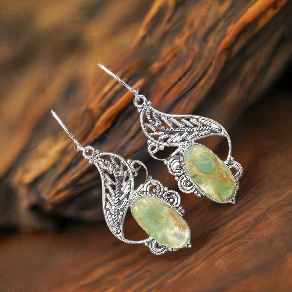 Solid 925 Silver Earrings In Genuine Chrysoprase Gemstone 925SE2969