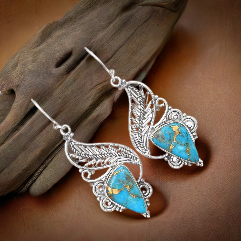 Fine 925 Sterling Silver Earrings In Natural Turquoise Gemstone 925SE2970
