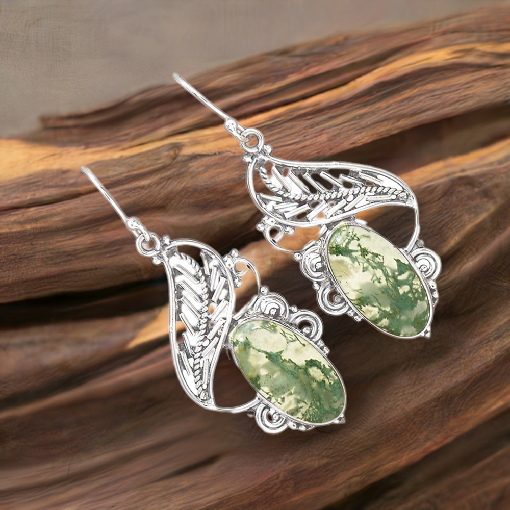 Natural Moos Agate Gemstone Earrings In 925 Sterling Silver 925SE2973