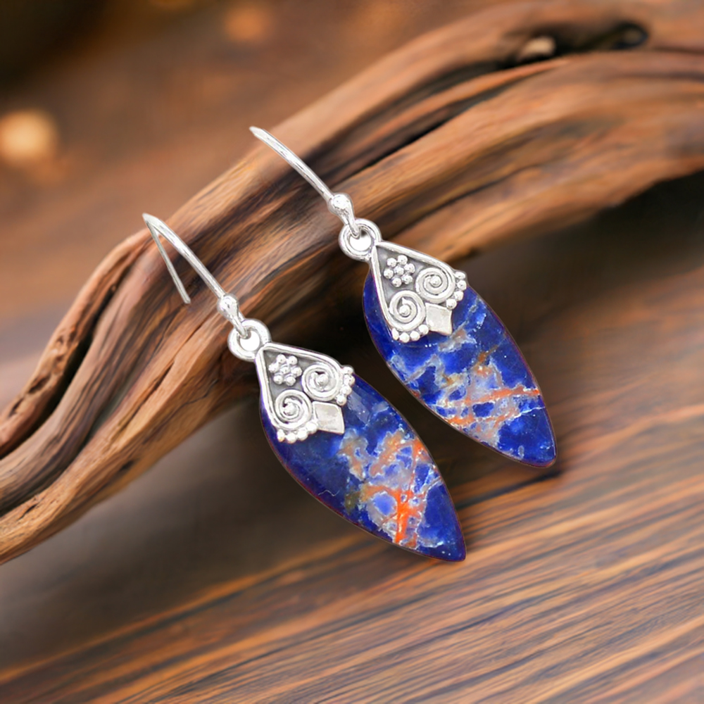 Semi Precious Sodalite Gemstone Earrings In Solid 925 Silver 925SE2977