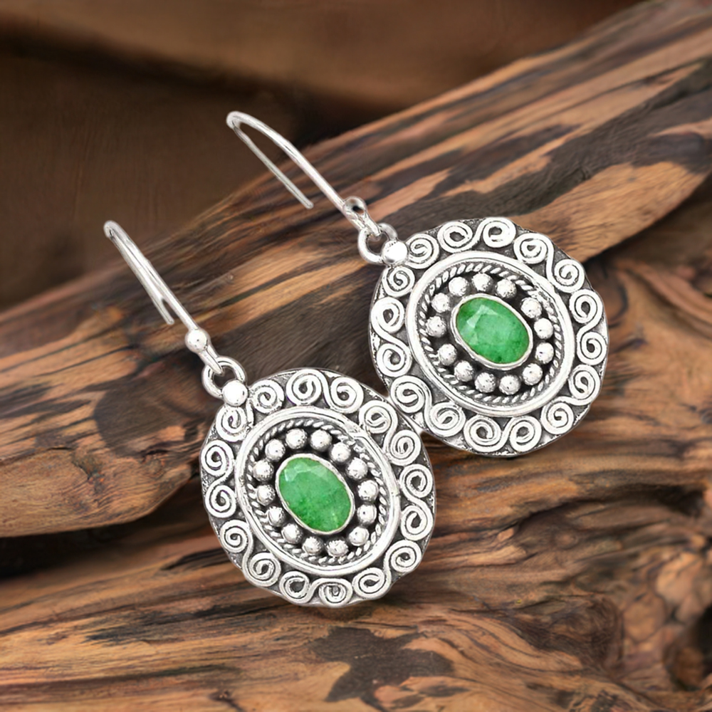 925 Sterling Silver Earrings In Semi Precious Dyed Emerald Gemstone 925SE2986