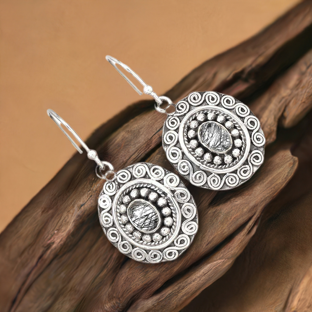 925 Sterling Silver Earrings In Genuine Black Rutile Gemstone 925SE2990