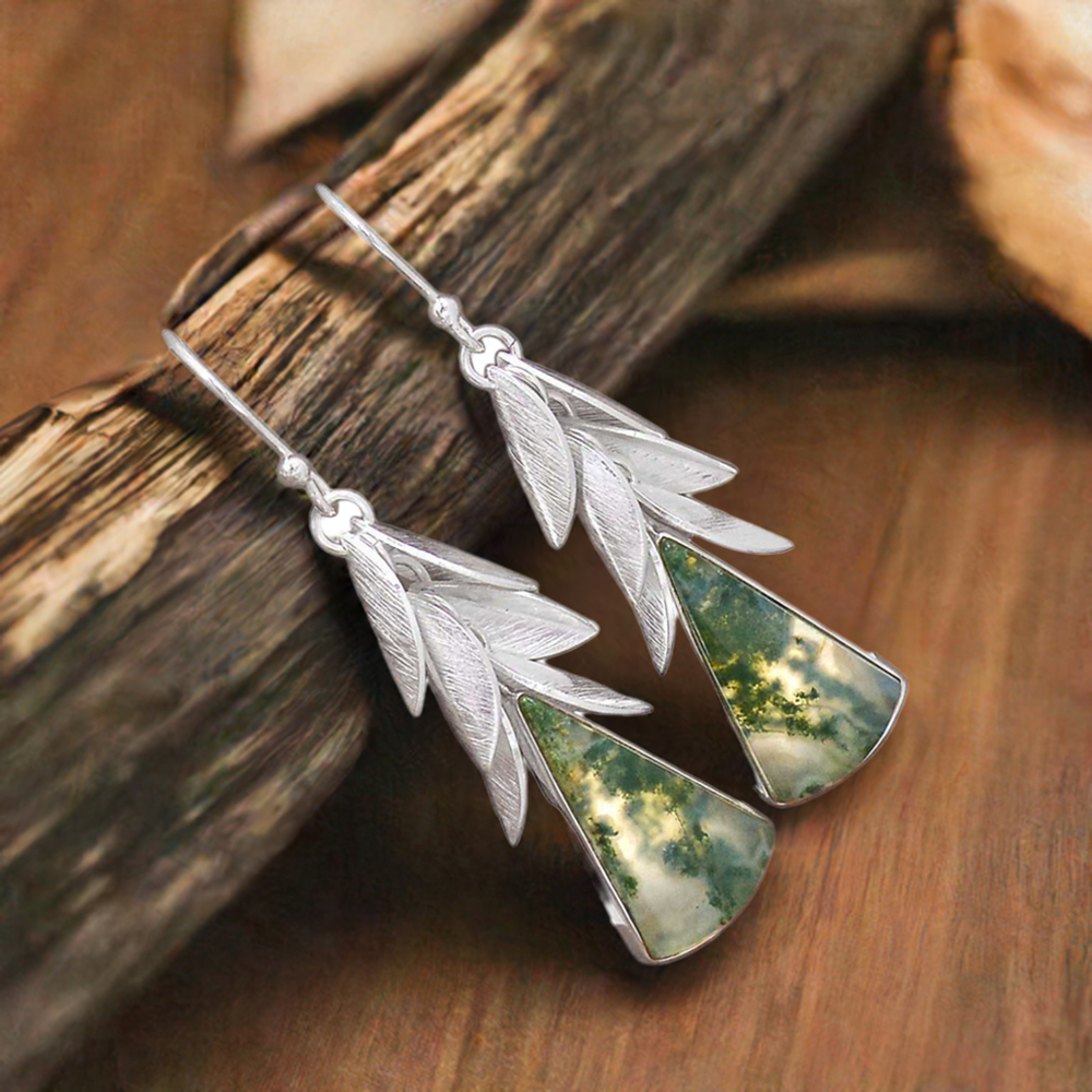 925 Sterling Silver Earrings In Genuine Moos Agate Gemstone 925SE2993