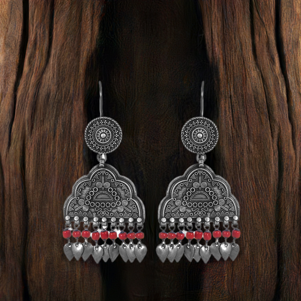 Antique Look Oxidized Solid 925 Silver Earrings In Coral Beads 925SE302