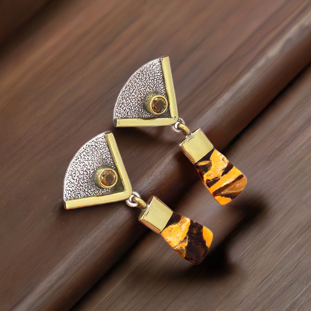 Solid 925 Silver Earrings In Genuine Peanut Jasper & Citrine Gemstone 925SE3048