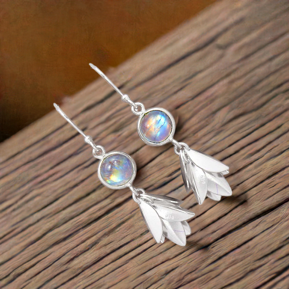 Genuine Rainbow Moonstone Earrings In 925 Sterling Silver 925SE3054