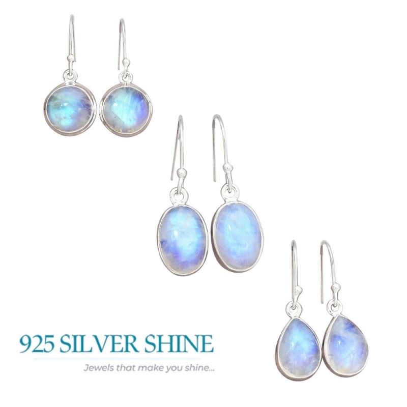 Fine 925 Sterling Silver Earrings In Rainbow Moonstone 925SE306_1