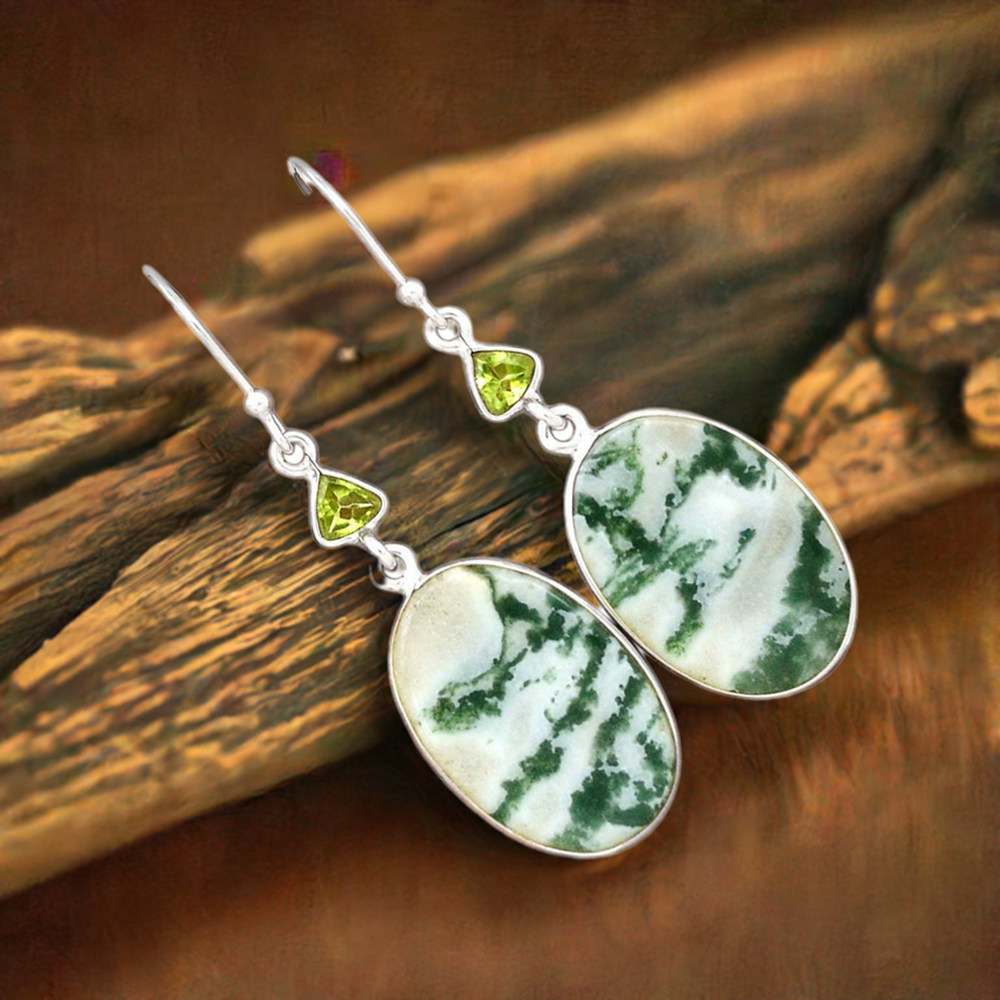 925 Sterling Silver Earrings In Semi Precious Zebra Jasper, Peridot Gemstone 925SE3062