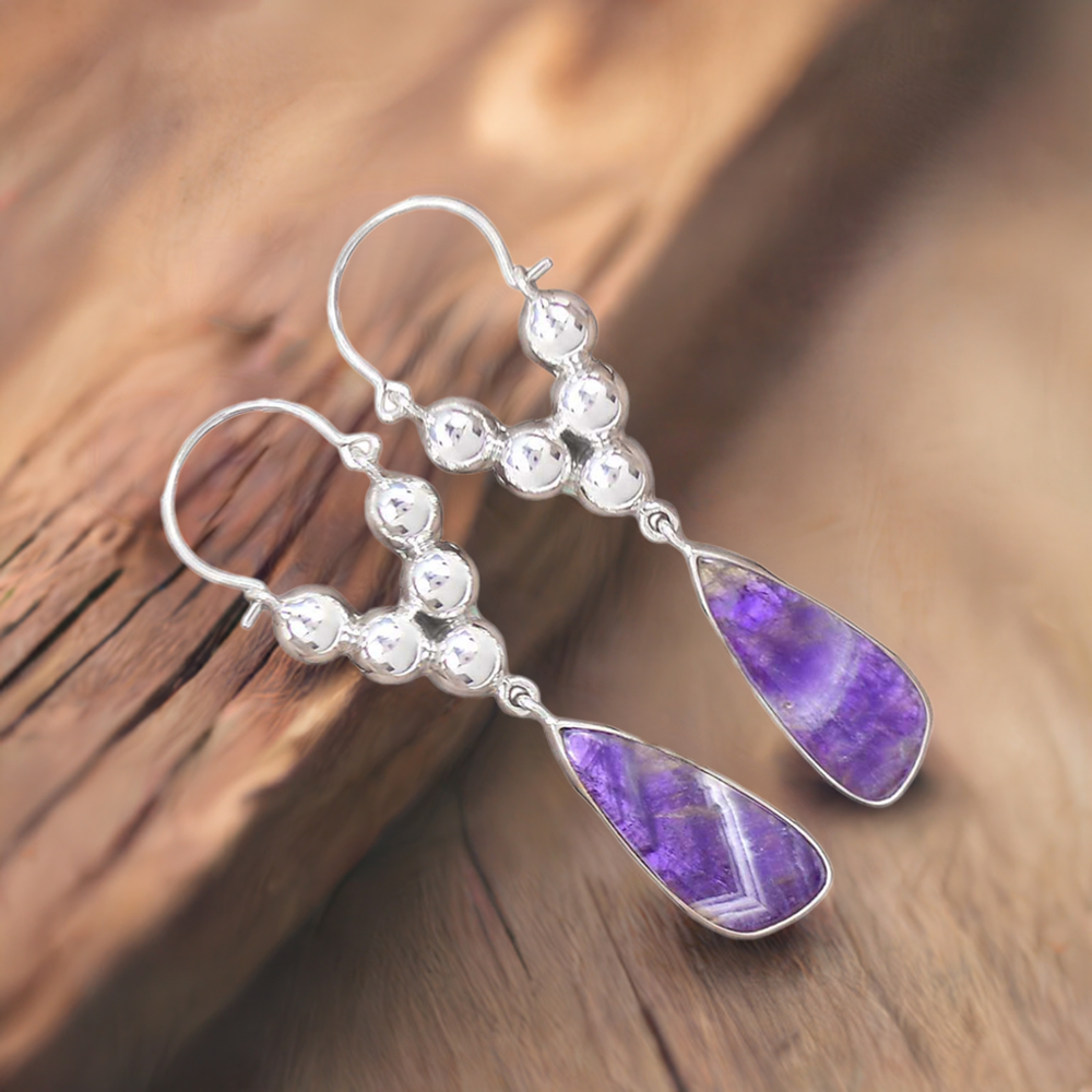 925 Sterling Silver Earrings In Genuine Amethyst Lace Agate Gemstone 925SE3072