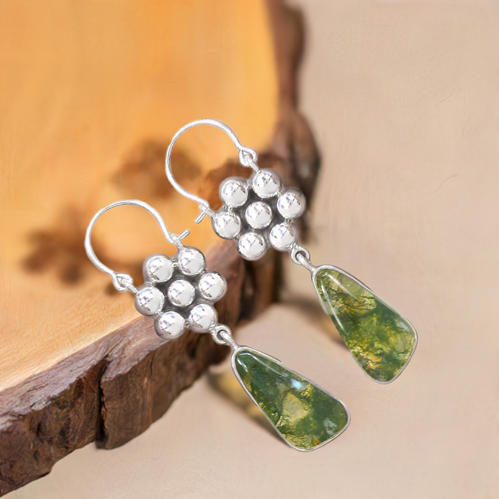 Moss Agate Gemstone Earrings In 925 Sterling Silver Jewelry 925SE3077