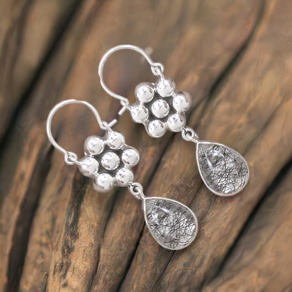 Natural Black Rutile Gemstone Earrings In 925 Sterling Silver Jewelry 925SE3079