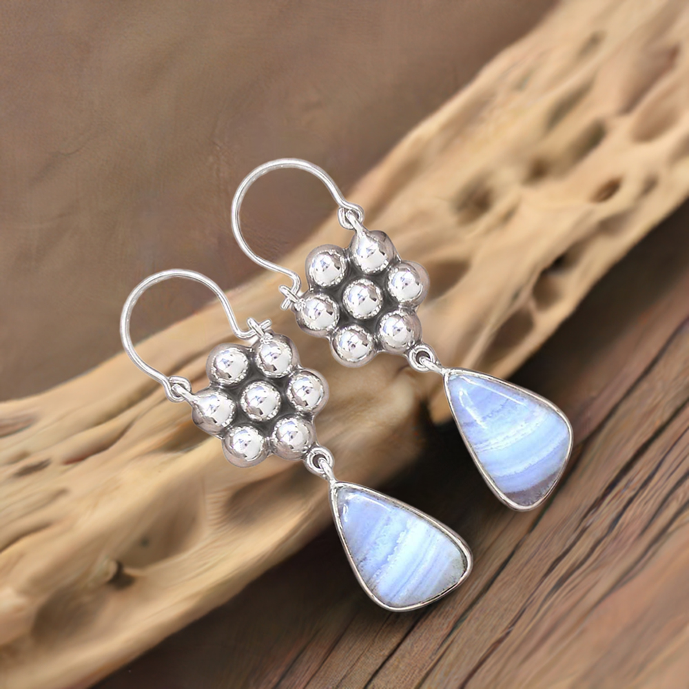Blue Lace Agate Gemstone Earrings In 925 Sterling Silver Jewelry 925SE3083
