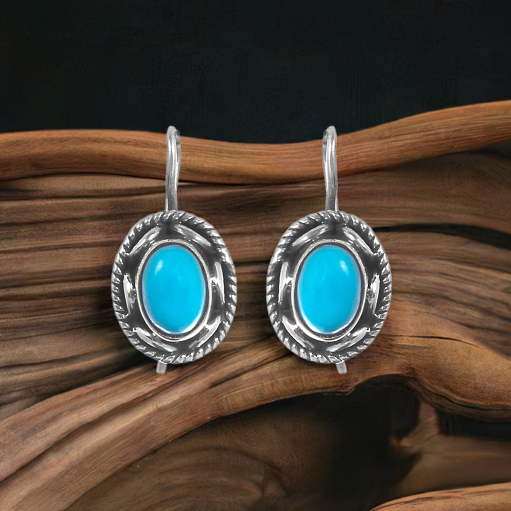 Blue Turquoise Gemstone Earrings In Fine 925 Sterling Silver 925SE315