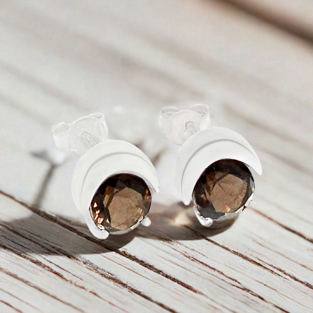 925 Sterling Silver Earrings In Semi Precious Smoky Quartz Gemstone 925SE330