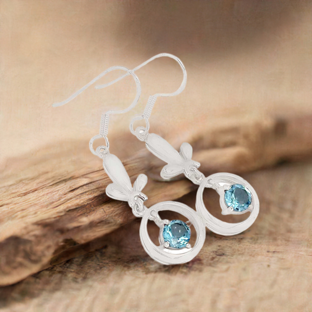 925 Sterling Silver Handmade Earrings In Blue Topaz Gemstone Jewelry 925SE352