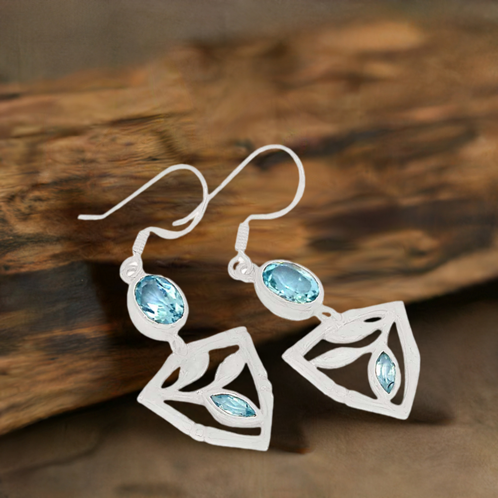 925 Sterling Silver Handmade Earrings In Blue Topaz Gemstone Jewelry 925SE358