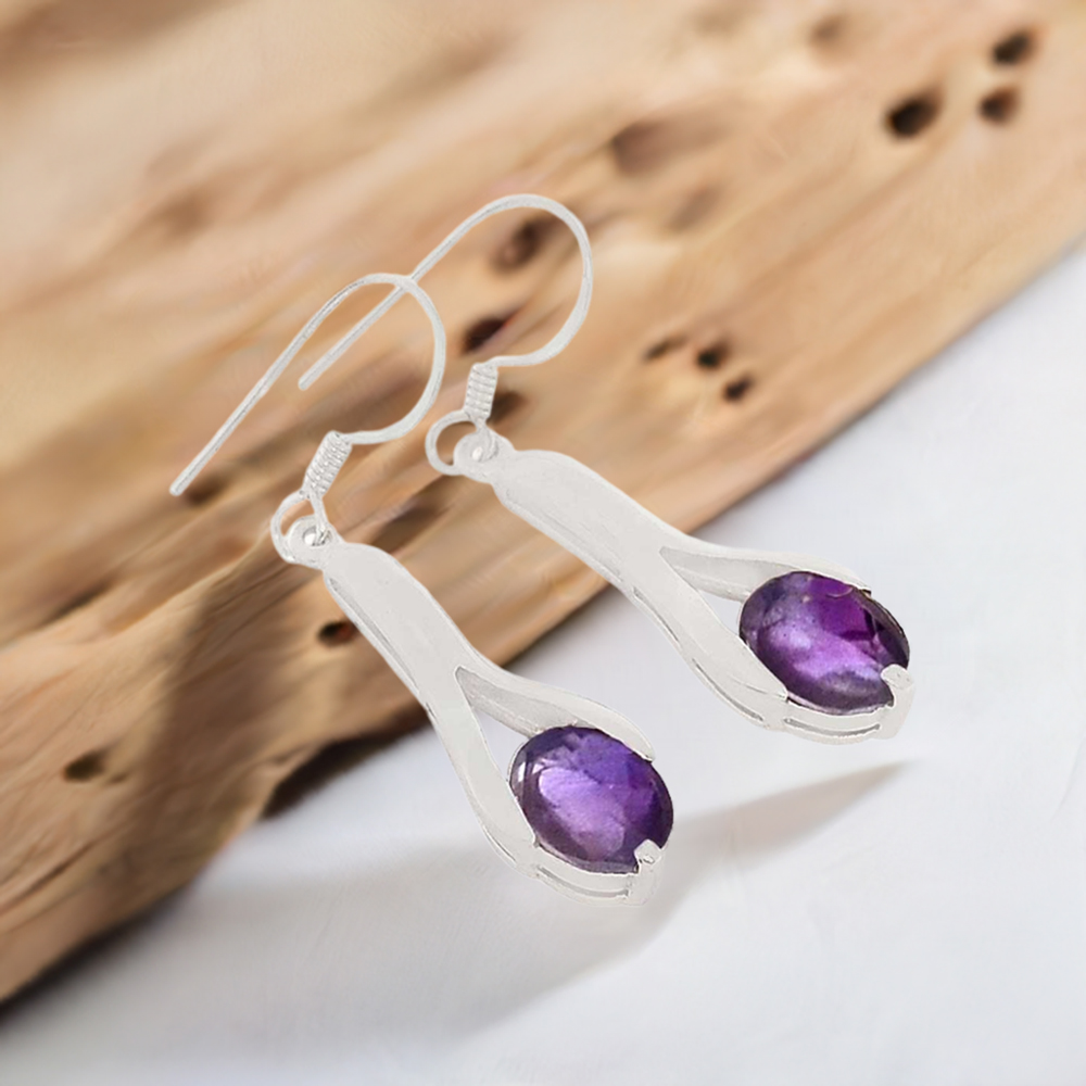 925 Sterling Silver Earrings In Amethyst Gemstone Jewelry 925SE365