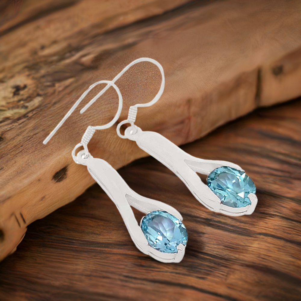 925 Sterling Silver Earrings In Blue Topaz Gemstone Jewelry 925SE366