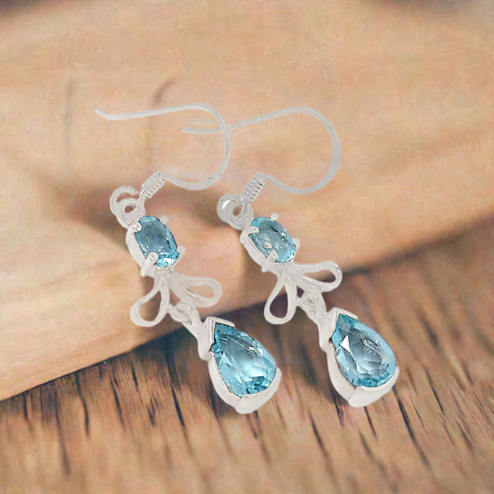 925 Sterling Silver Handmade Earrings In Blue Topaz Gemstone Jewelry 925SE372