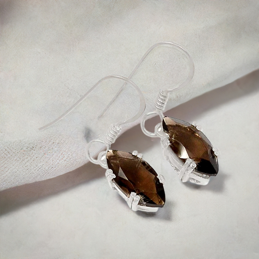 Fine 925 Sterling Silver Earrings In Natural Smoky Quartz Gemstone 925SE384