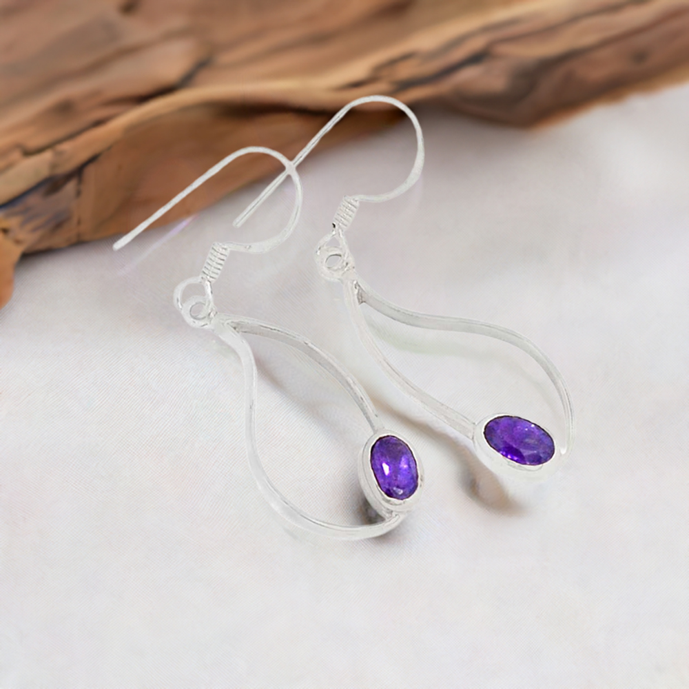Fine 925 Sterling Silver Earrings In Semi Precious Amethyst Gemstone 925SE385