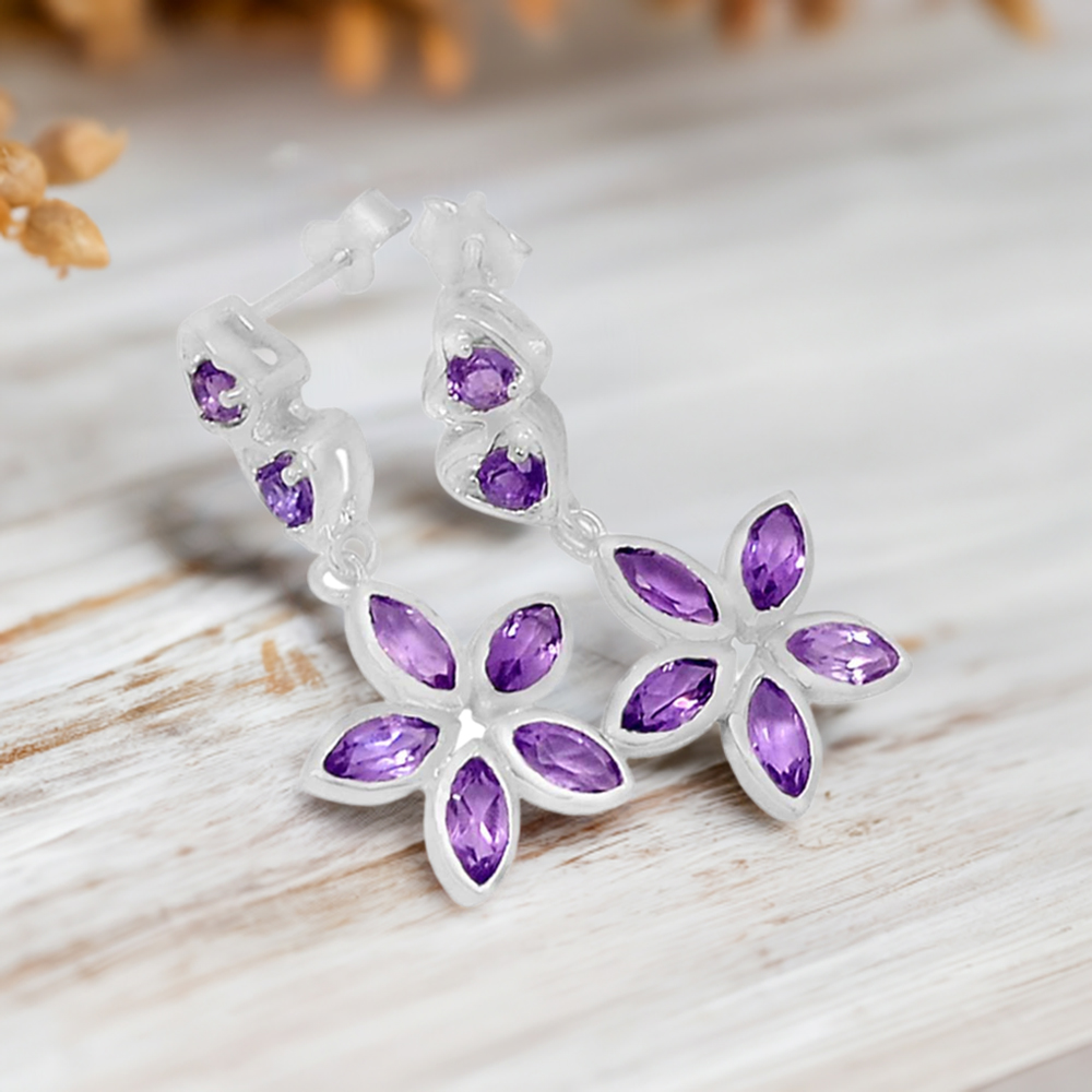 925 Sterling Silver Earrings In Semi Precious Amethyst Gemstone 925SE397