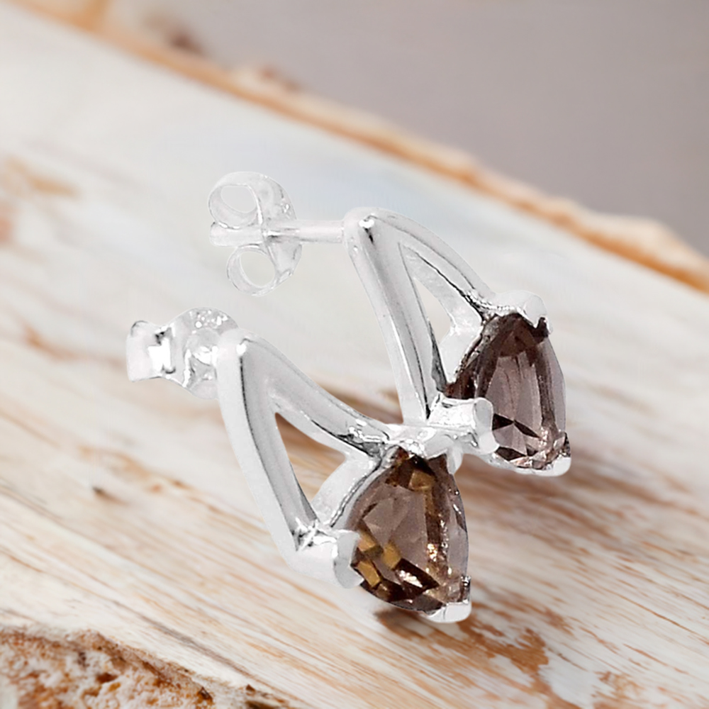 925 Sterling Silver Earrings In Genuine Smoky Quartz Gemstone 925SE407