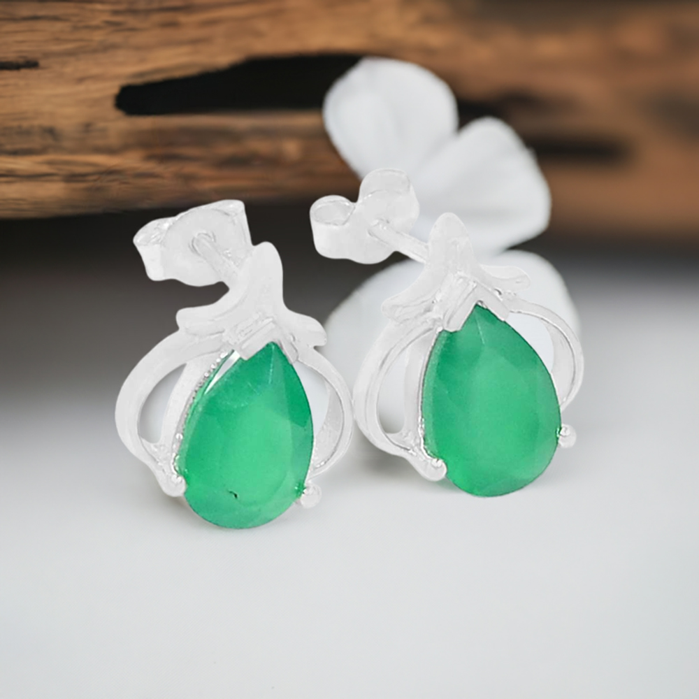 925 Sterling Silver Earrings In Green Onyx Gemstone Jewelry 925SE425