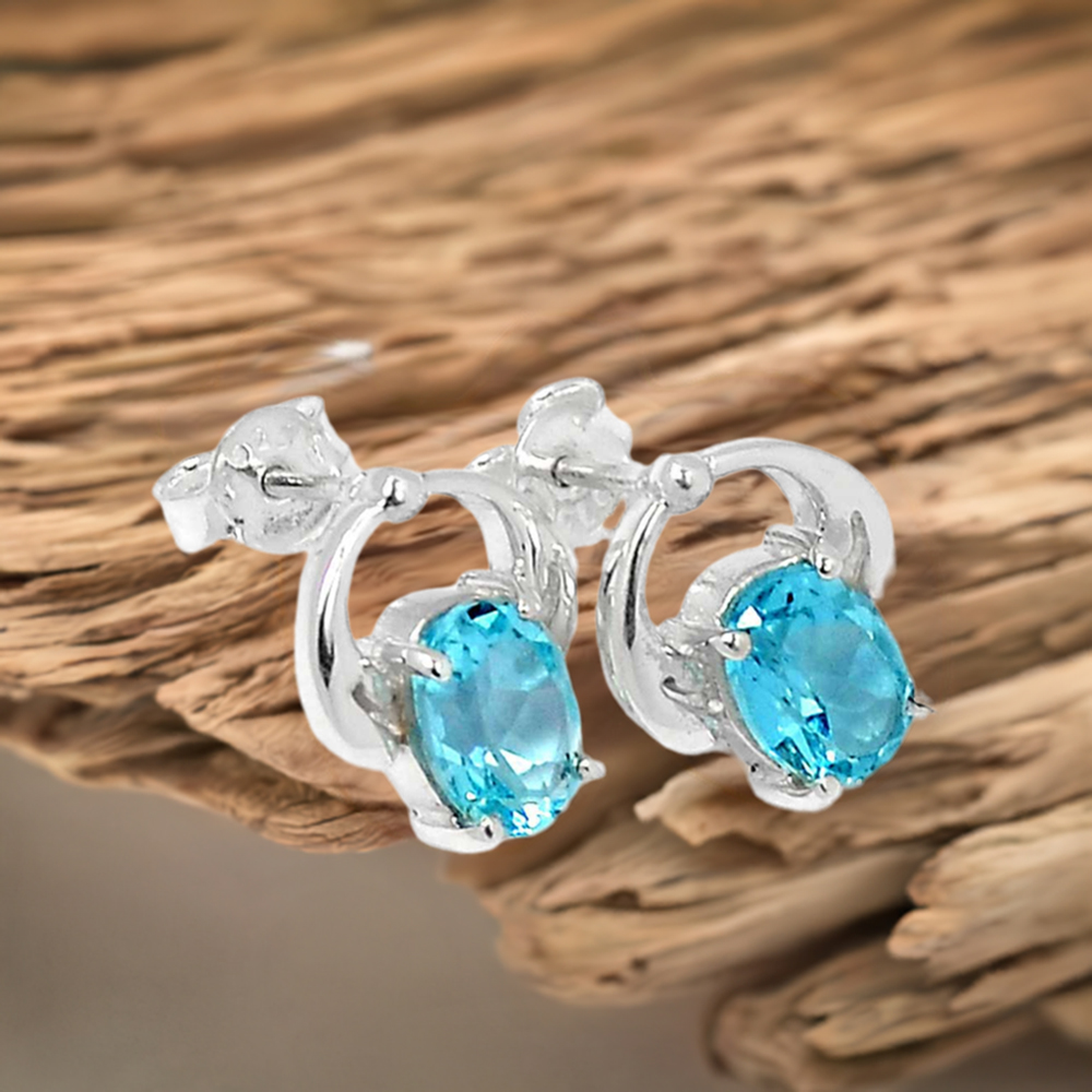 925 Sterling Silver Handmade Earrings In Blue Topaz Gemstone Jewelry 925SE428