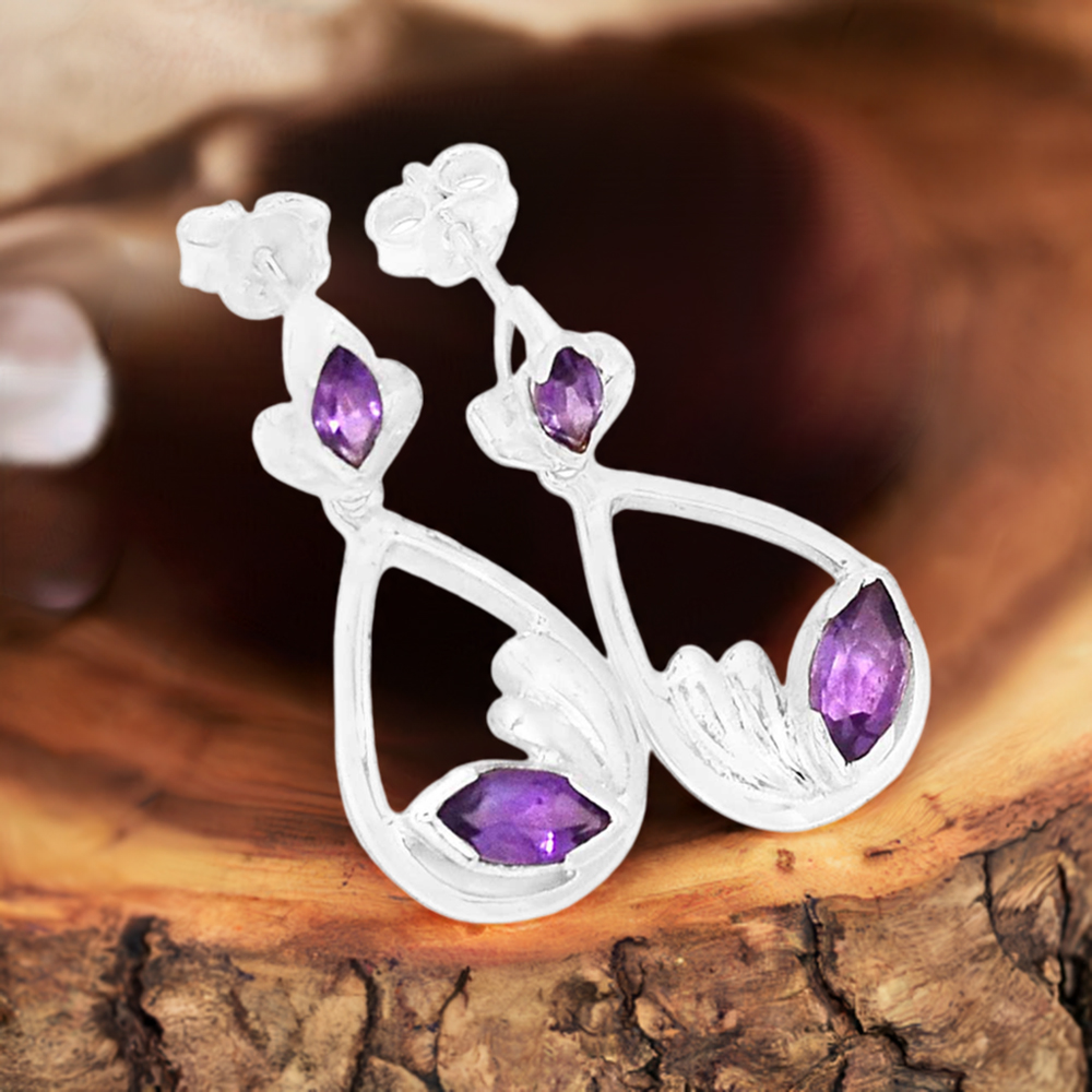 925 Sterling Silver Earrings In Amethyst Gemstone Jewelry 925SE432